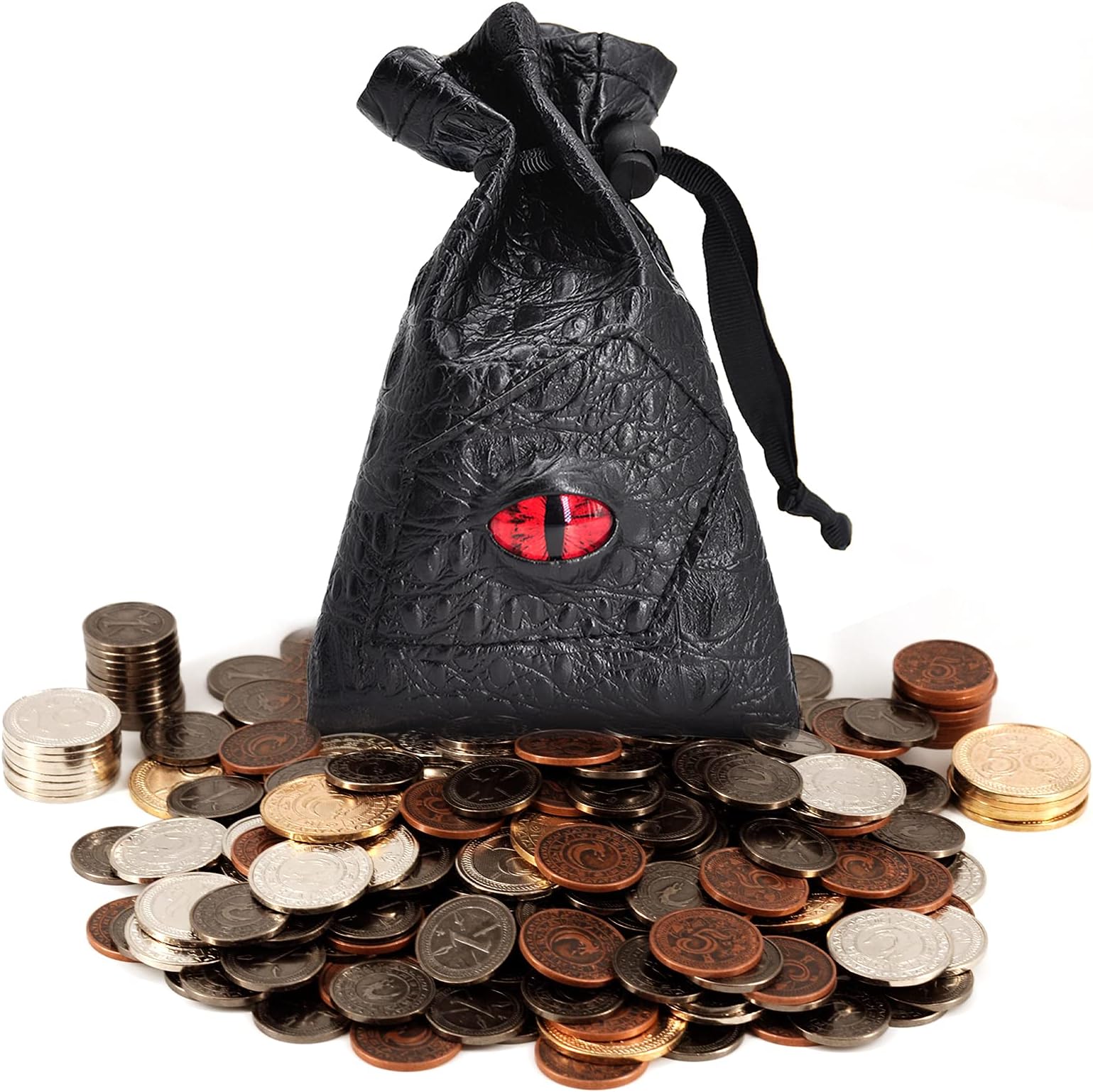 DND Metal Coins Set of 60 with Leather Pouch - Gaming Tokens, Pirate Treasure, Accessories & Props for Board Games, Dungeons and Dragons, Tabletop RPGs and LARP