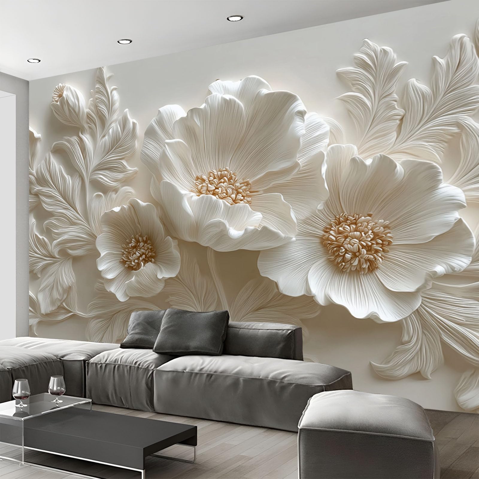 3D Carta Da Parati Panoramica Petali Astratti Foglie,300×210cm Fotomurale in TNT Murali Rilievo Fiori Piante Per Soggiorno, Adulto Camera Dei Bambini, Ristorante Decorazione Grandi Murali Poster