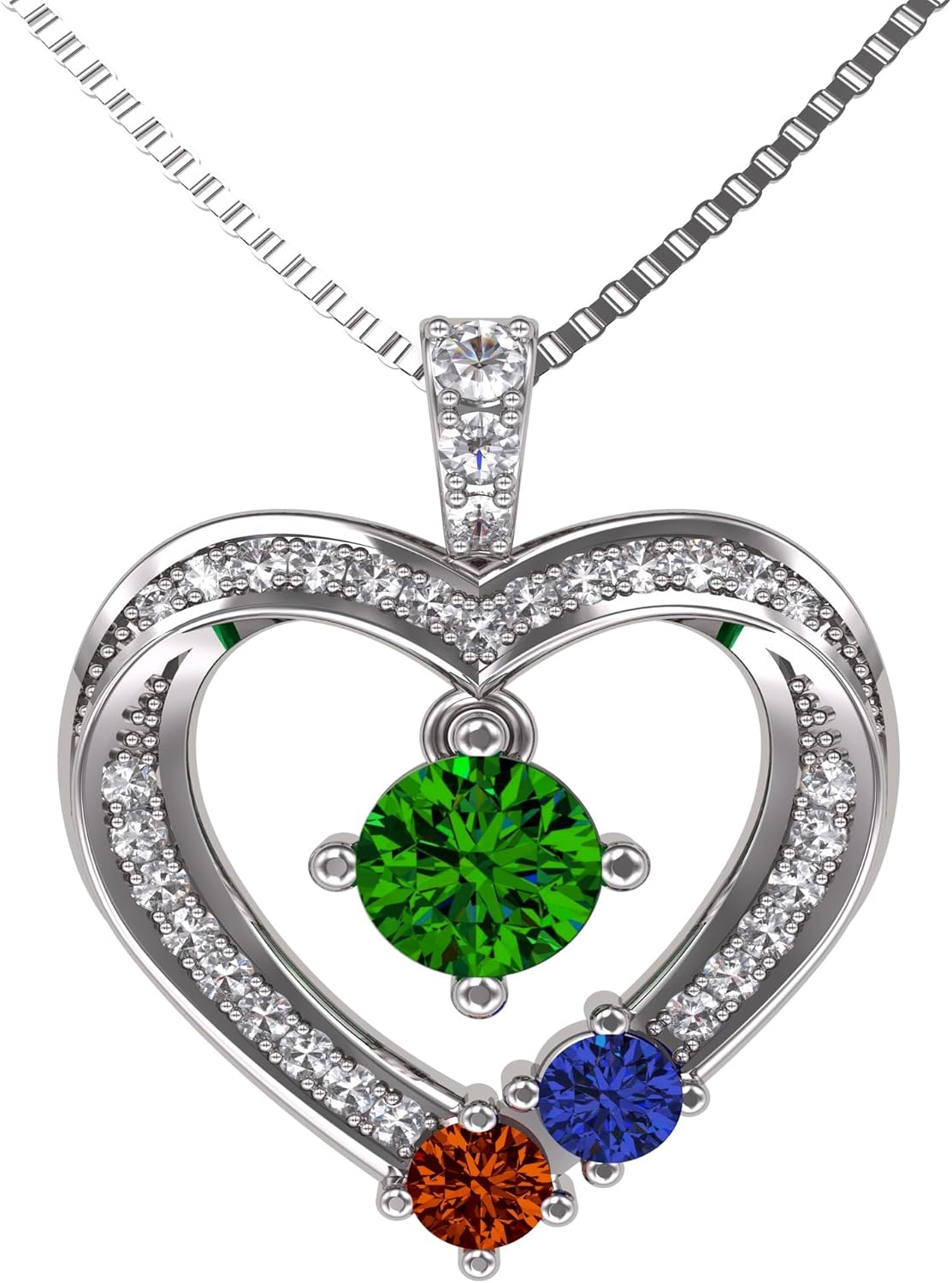 Central Diamond Center Mother & Child Heart Birthstone Necklace w/ 1-6 Simulated Gemstones in Sterling Silver, 10K, or 14K Gold