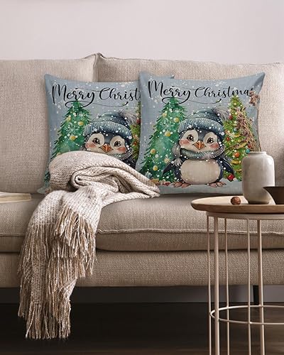Miniatura 2 de Juego de 2 fundas de almohada navideñas de 18 x 18 pulgadas, diseño de pingüinos y árbol de Navidad, fundas de cojín cuadradas suaves, color azul
