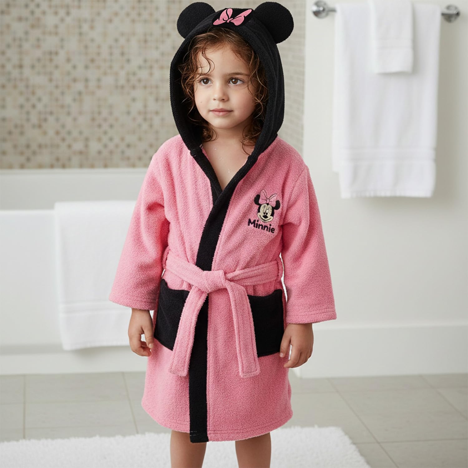 Disney - Peignoir de bain Minnie avec petit nœud - Poches latérales - Cordon de serrage - 100% Polyester - Rose
