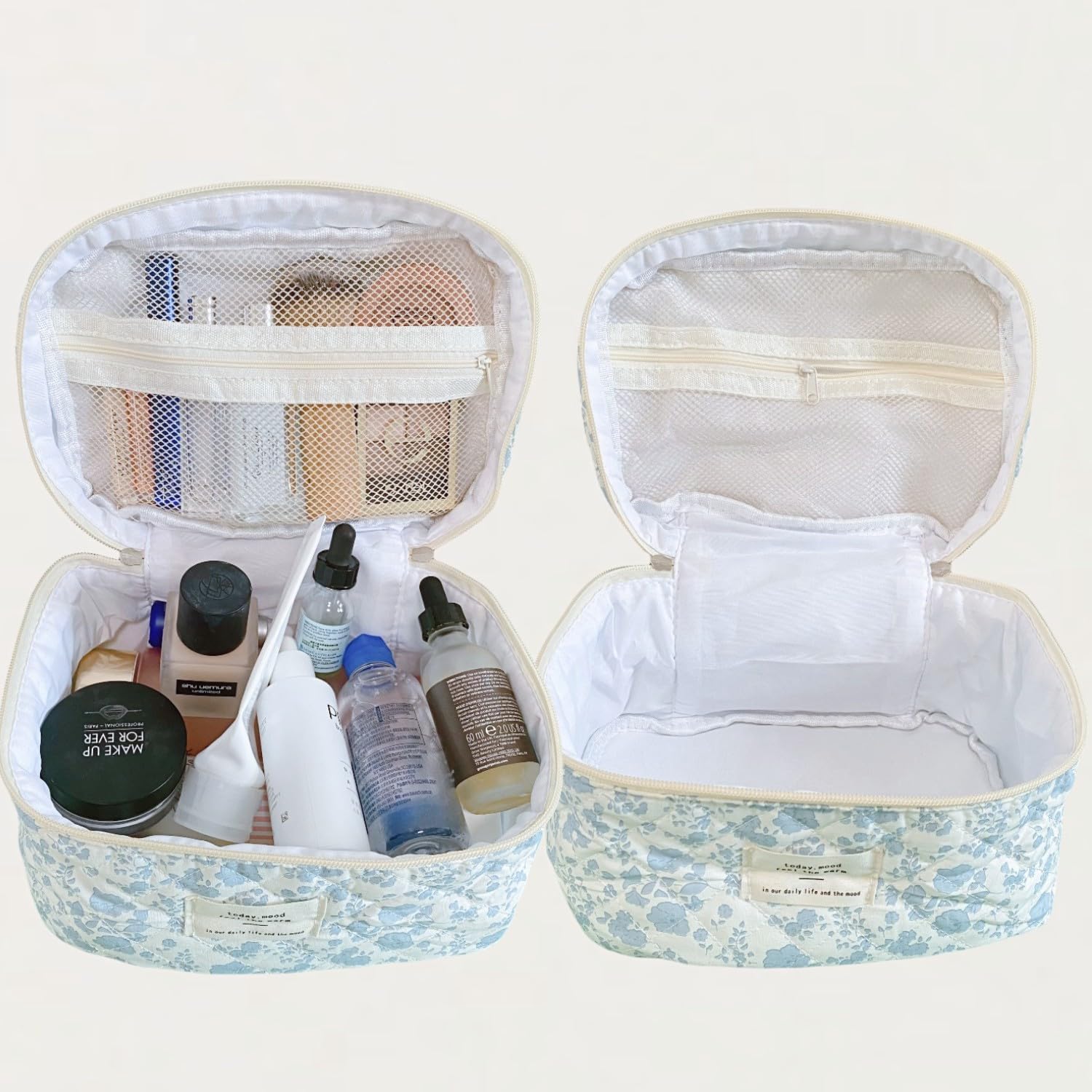 Floral Quilted Makeup Bag Set for Women Aesthetic Travel Large Cute Cosmetic Toiletry Pouch Lightweight Cotton Tote Purse Organizer Insert Valentines_Gifts for Her, c01 (3PCS#01Blue Flower)