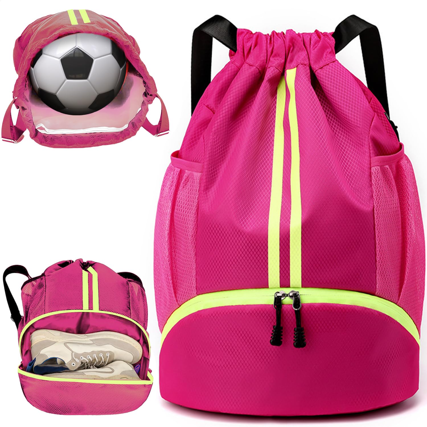 Wubayi Unisex Kids Rose Red Football Boot Bag,Sports Kit Gym Sack Swimming Pe Large Drawstring Bag Unise With Wet And Dry Separation,Waterproof Gym For Kids Adults Men Women Travel,School Sports Beach Holidays (Rose Red)