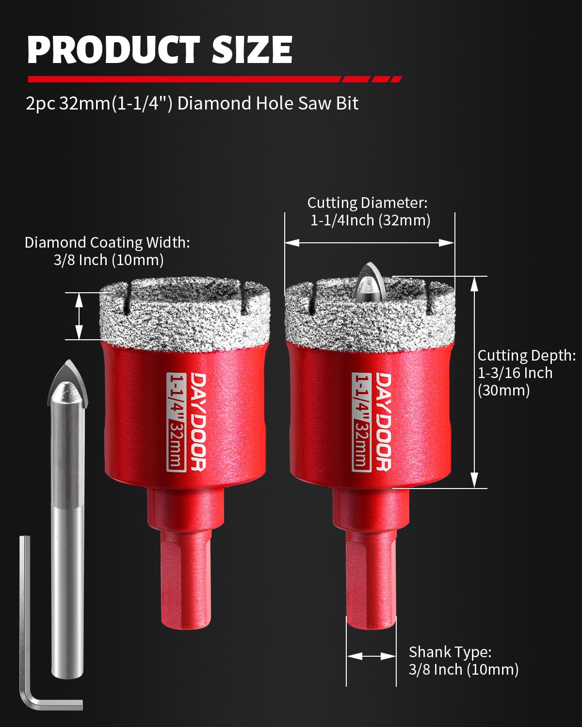 DAYDOOR Brocas de sierra perforadora de diamante de 1-1/4 pulgadas con broca piloto, 2 piezas de sierra perforadora de azulejos de diamante de 32 mm con broca guía para azulejos de porcelana, cerámica