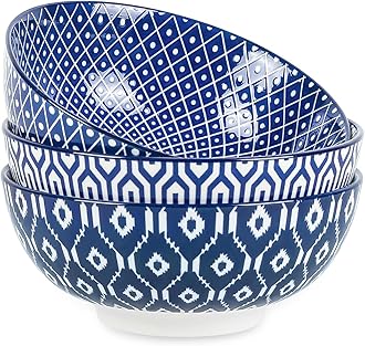 Ceramic Large Salad Bowls Set, 53 OZ Pho Bowls 8 Inch Soup Bowls for Kitchen, Large Serving Bowls for Ramen Pasta Fruit Dinner, Stackable & Sturdy, Set of 3, Vintage Blue