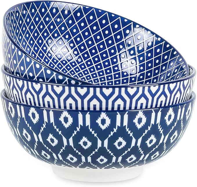 Selamica Ceramic Large Salad Bowls Set, 53 OZ Pho Bowls 8 Inch Soup Bowls for Kitchen, Large Serving Bowls for Ramen Pasta Fruit Dinner, Stackable & Sturdy, Set of 3, Vintage Blue
