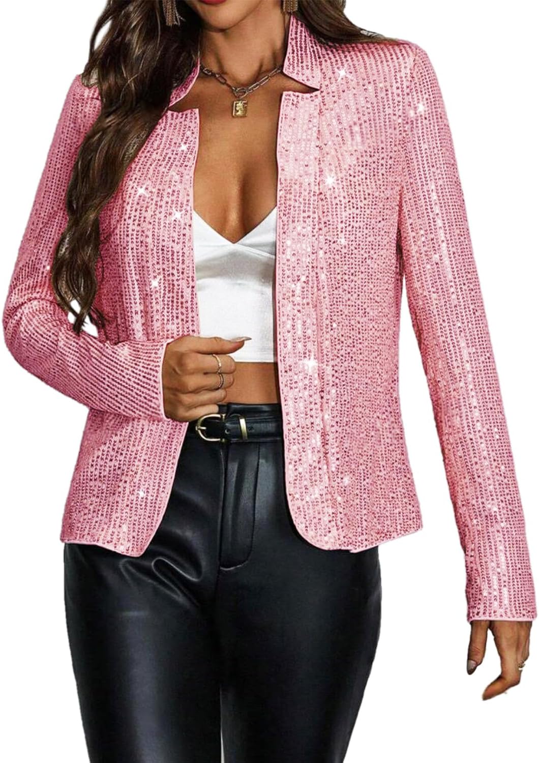 Haoohu Women’s Sequin Short Jackets Long Sleeve Open Front Coat Glitter Blazer Casual Coat Party Clubwear