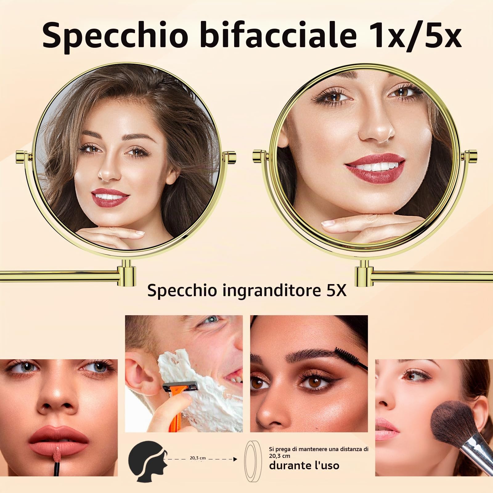 Nicesail Specchio Trucco da Parete Oro Brillante - Specchio Ingranditore da Muro 5x - Braccio Estensibile Lungo - Doppia Faccia - Per Rasatura - Per Bagno,Hotel,Diametro 20 cm