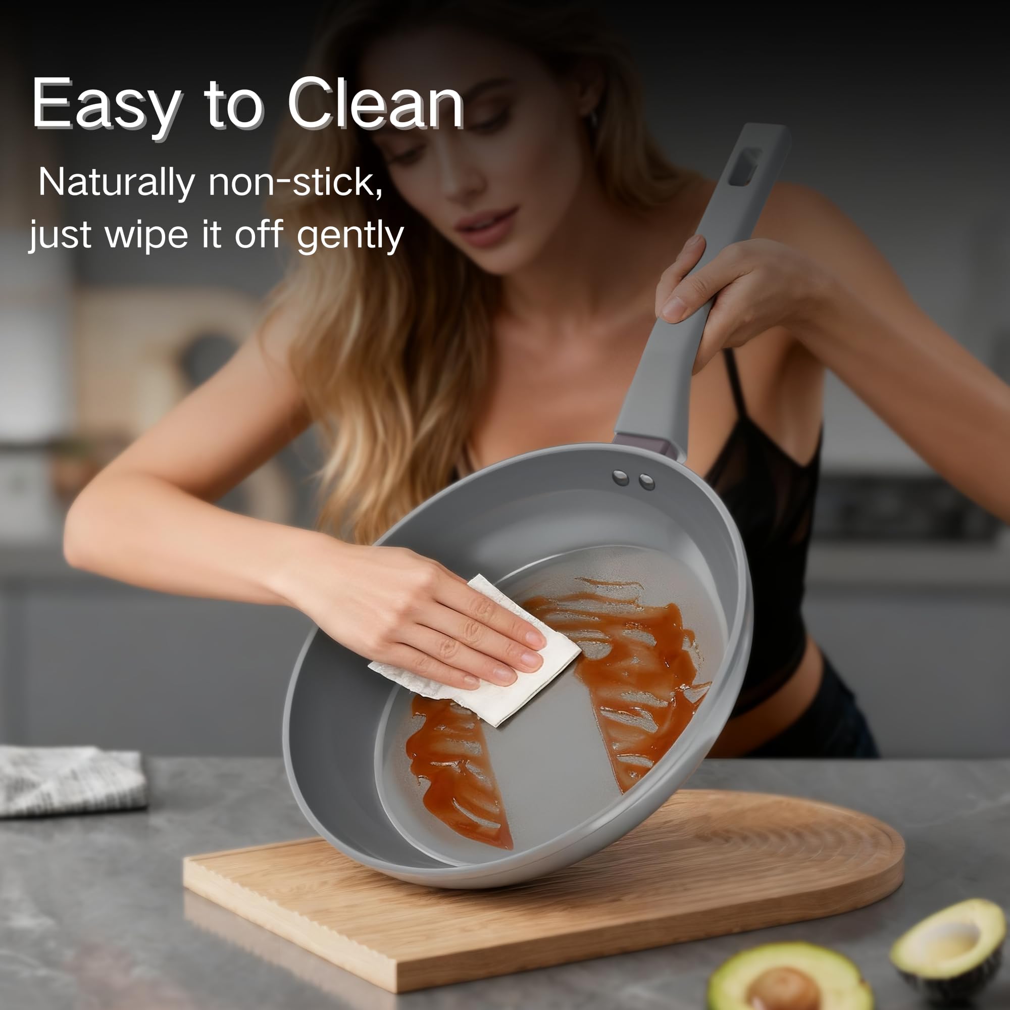 Sanho Juego de sartenes antiadherentes, sartén de cerámica de titanio diamante con mango de electrowood, 8, 10, 12 pulgadas, utensilios de cocina no tóxicos (libre de PFAS/PTFE/PFOA), apto para