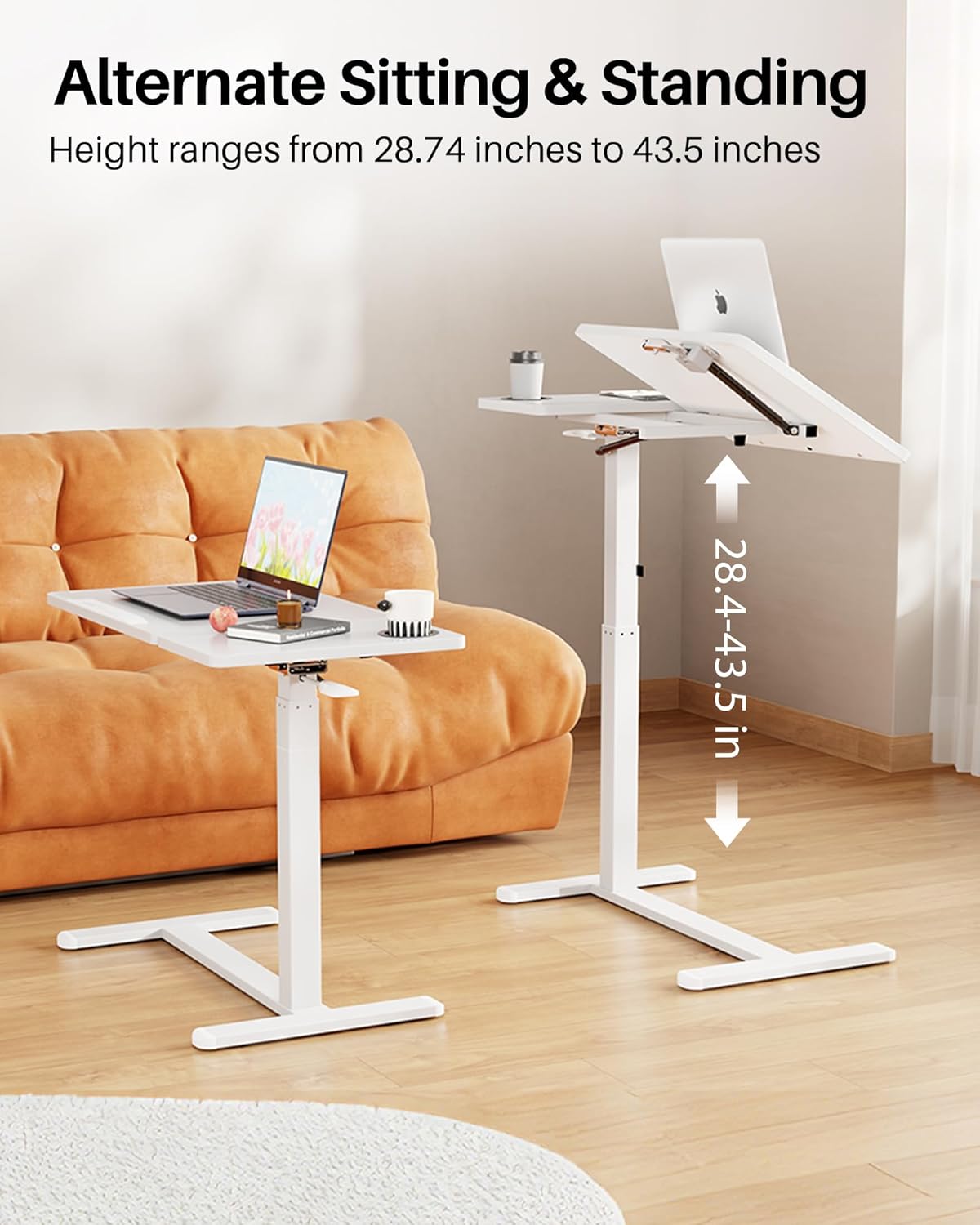 Foldable Overbed Table with Wheels, Pneumatic Height Adjustable Overbed Bedside Table, Tilting Desktop Mobile Standing Desk, Rolling Laptop Desk for Bed, Sofa, or Hospital Use (White)