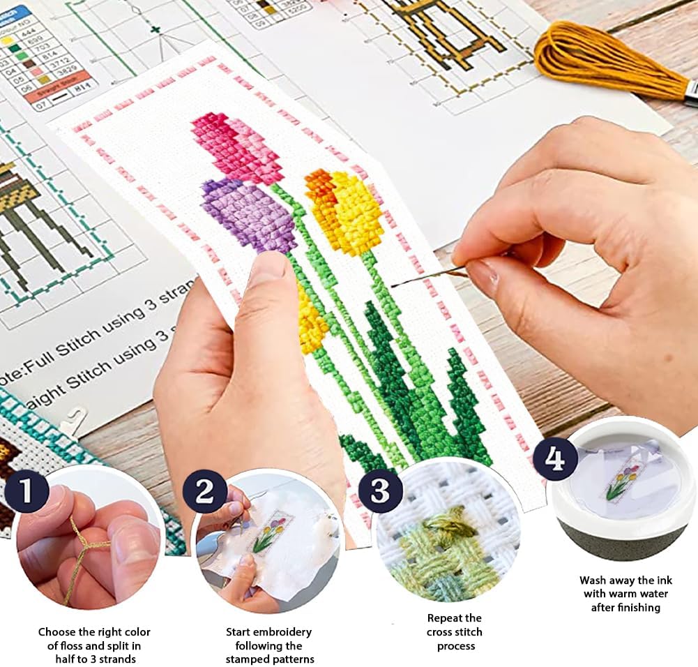 ORIGACH 6 Set Tulip Cross Stitch Bookmark Kit for Beginners Floral Stamped Cross Stitch Kits with Instruction for Book Lover