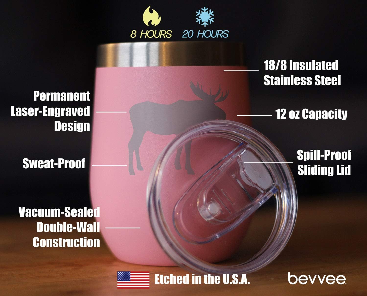 Bevvee Moose Wine Tumbler with Sliding Lid - Stemless Stainless Steel Insulated Cup - Cute Outdoor Camping Mug - Pink - Image 4