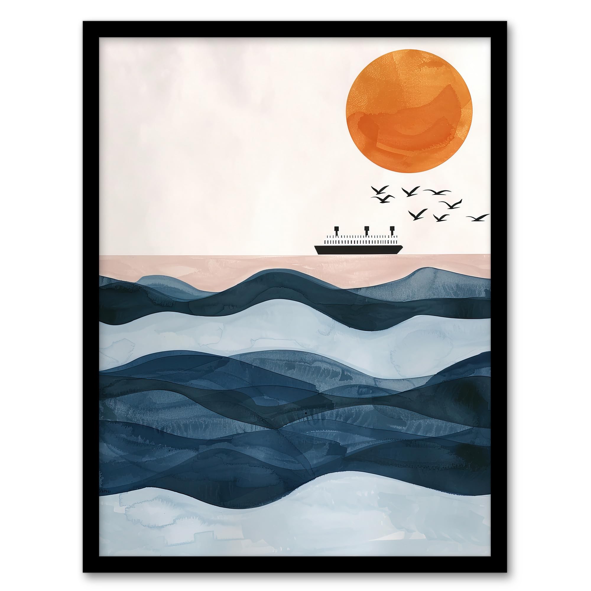 Artery8 Ocean Liner Ship With Seagulls Over Sea Waves Bathroom Toilet Artwork Framed Wall Art Print A4