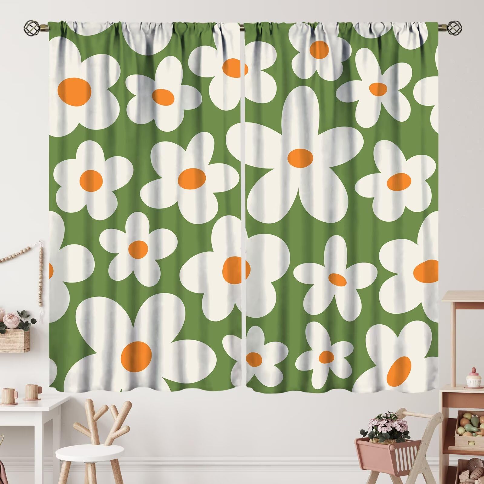 ZhiRain 70'S Style Vintage Boho Curtains Retro Groovy Flowers Aesthetic Naive 60'S Mid Century Blackout Rod Pocket Curtains for Bedroom Living Room