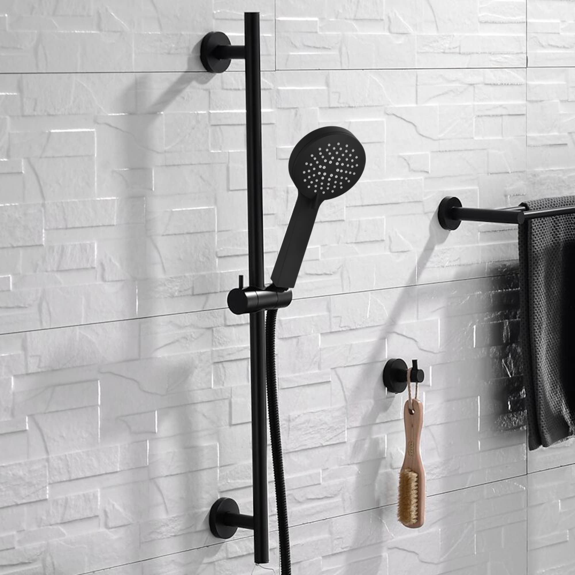 Enki Black Es032, Shower Slider Riser Rail Kit, Includes Adjustable Slider, 3, Setting Shower Head, Hose And Wall Elbow Outlet, Durable Finish