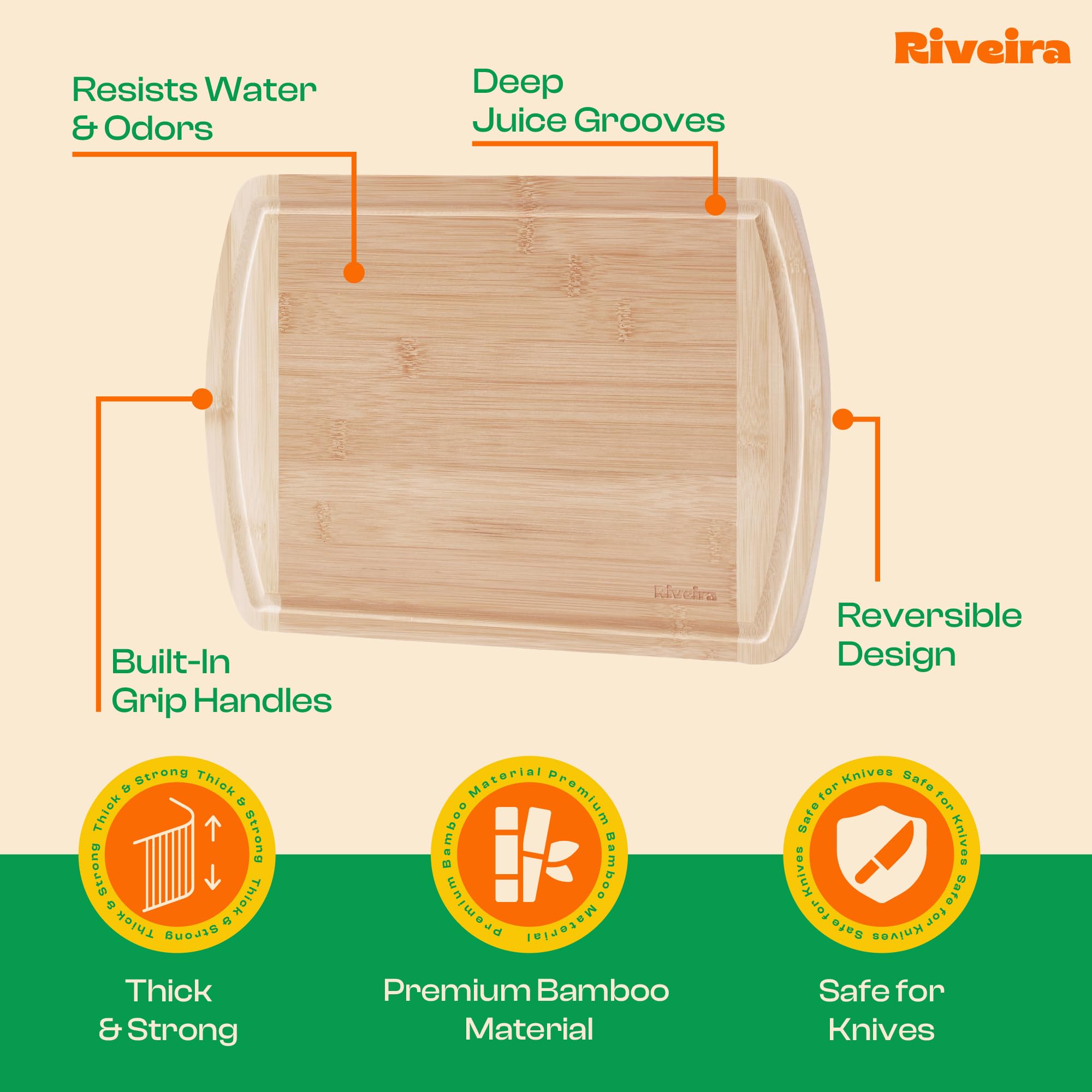 Riveira Tabla de cortar de madera de bambú de dos tonos, versátil y duradera: juego de 3 tablas de cortar rectangulares de madera, tablas de cortar de madera natural para cocina, tabla de cortar de