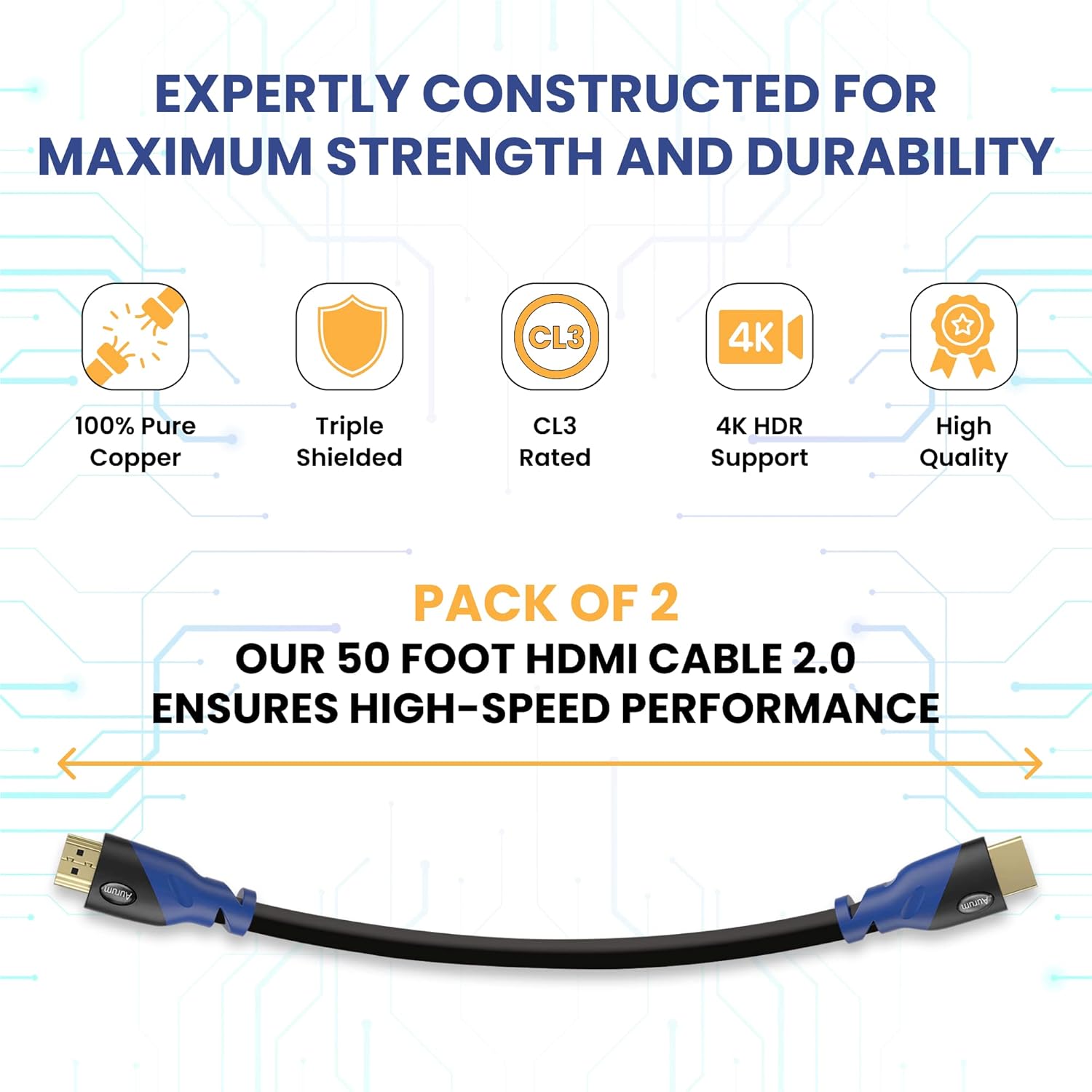 Blасk Frіdау 🔥 Aurum Cables Ultra Series High Speed HDMI 2.0 Cable with Ethernet - 50ft HDMI Cord Supports 4K UHD Resolution, ARC, 3D - CL2 Certified - Compatible with HDTV, PC, Laptop, PS3, Xbox, Blu-ray - 2 Pack