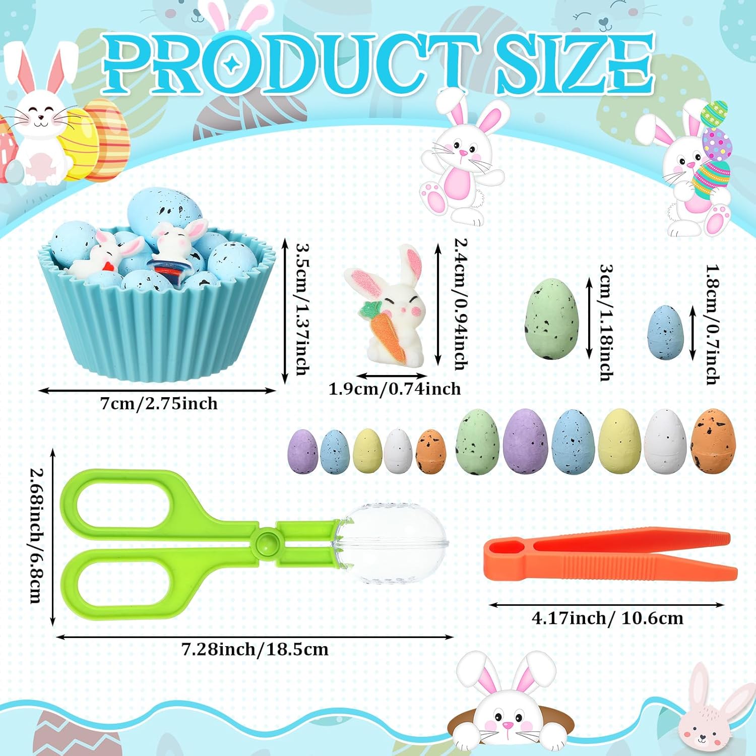 152 Pcs Easter Sensory Bin Filler Fine Motor Toys Include 4 Tweezers 2 Scissors Clips 120 Easter Fake Foam Eggs 12 Resin Rabbit Figurines 14 Sorting Cups for Easter Sorting Counting Training