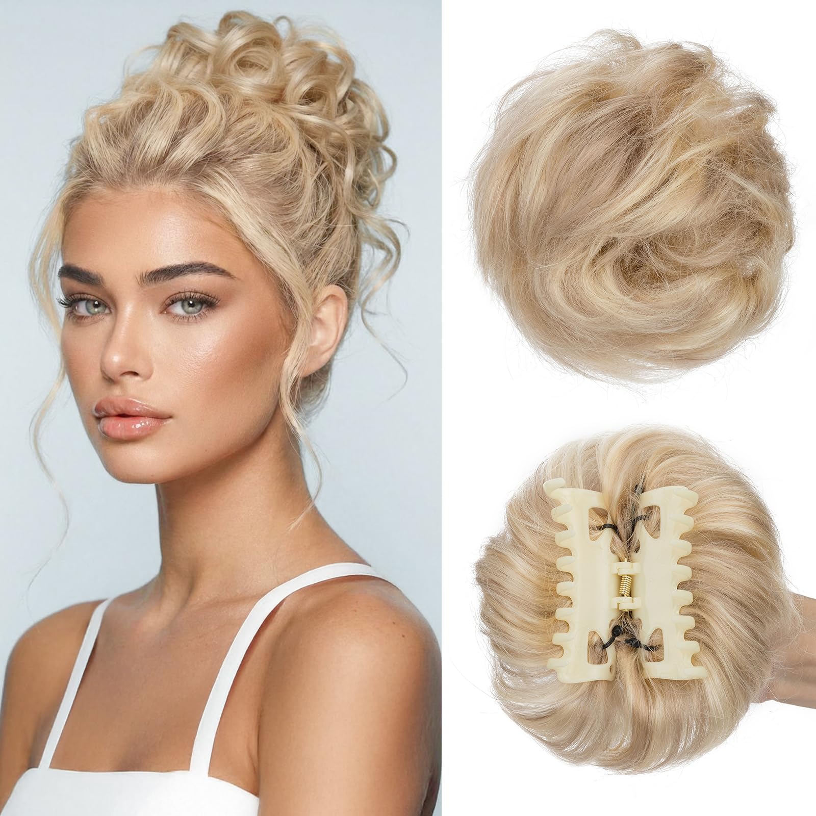 Photo 1 of Rich Choices Claw Clip Messy Bun Hair Piece 100% Real Human Hair,Curly Wavy Thick Chignon Hair Extensions,Tousled Updo Hair Buns for Women 42g #12P613 Golden Brown Highlighted Bleach Blonde
