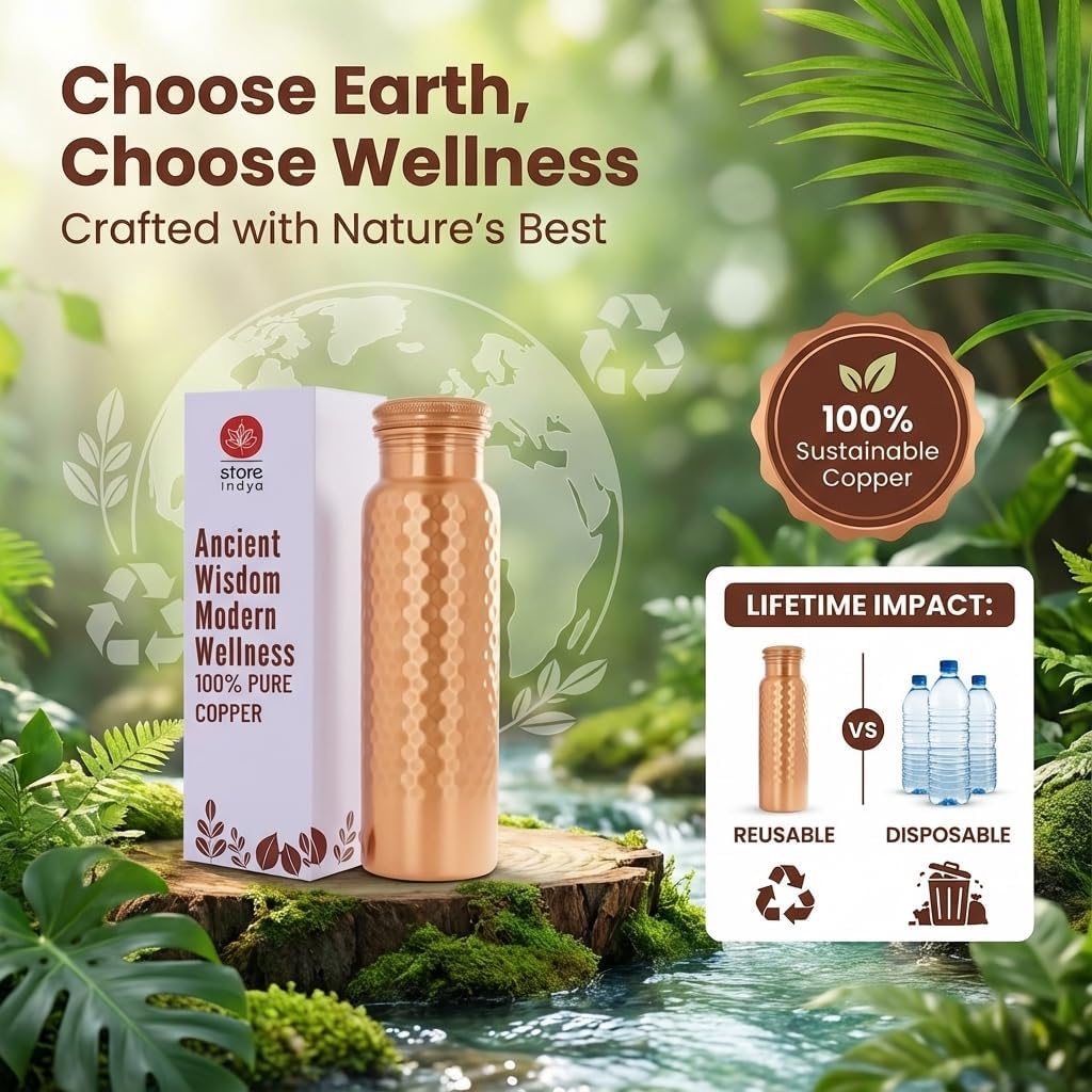 STORE INDYA Copper Water Bottle for Drinking Water 30 oz | 100% Pure Copper Ayurvedic Water Bottle with Leak-Proof Lid | Hammered Finish for Better Grip | Wellness Flask for Yoga, Office, Gym use