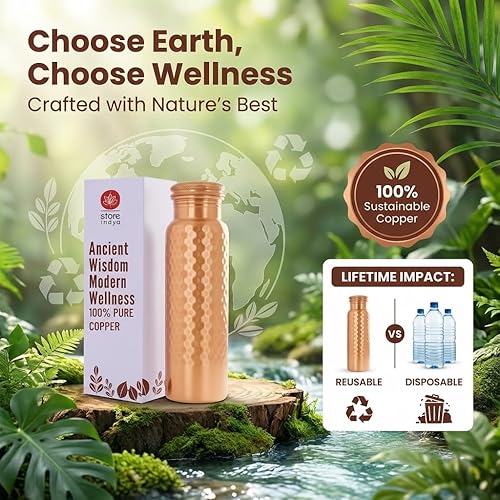 Miniatura 3 de STORE INDYA Botella de agua de cobre para agua potable de 30 onzas | Botella de agua ayurvédica de cobre 100% puro con tapa a prueba de fugas |