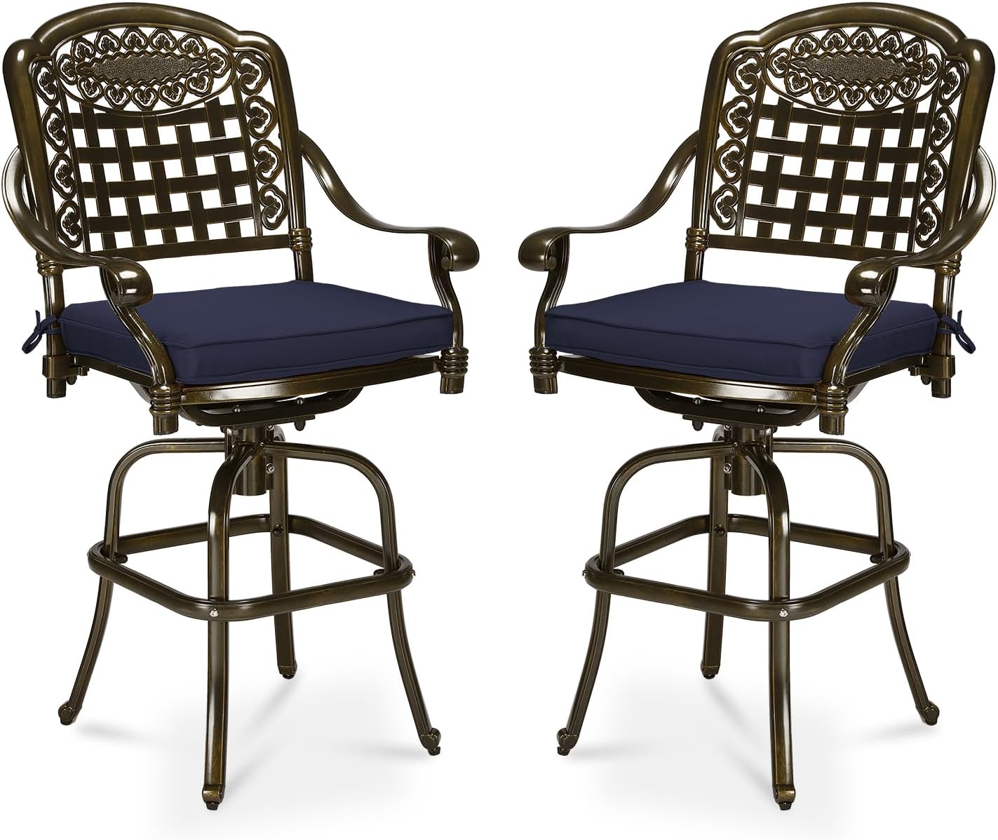 MEETWARM Outdoor Swivel Bar Stools Set of 2, All-Weather Cast Aluminum Bar Height Bistro Chairs with Footrest, High Back and Armrest, High Top Patio Bar Chairs with Cushion for Poolside Deck Backyard