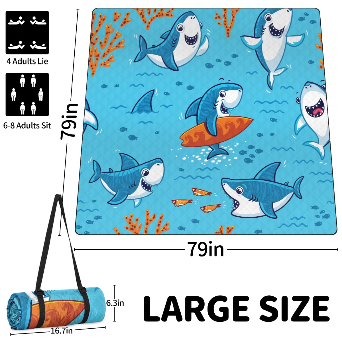 Shimoshe Extra Large Picnic Blankets 79”x 79”, Funny Little Shark Waterproof Foldable Picnic Mat with Straps Portable Beach Blanket for Camping Park Grass Beach Indoor