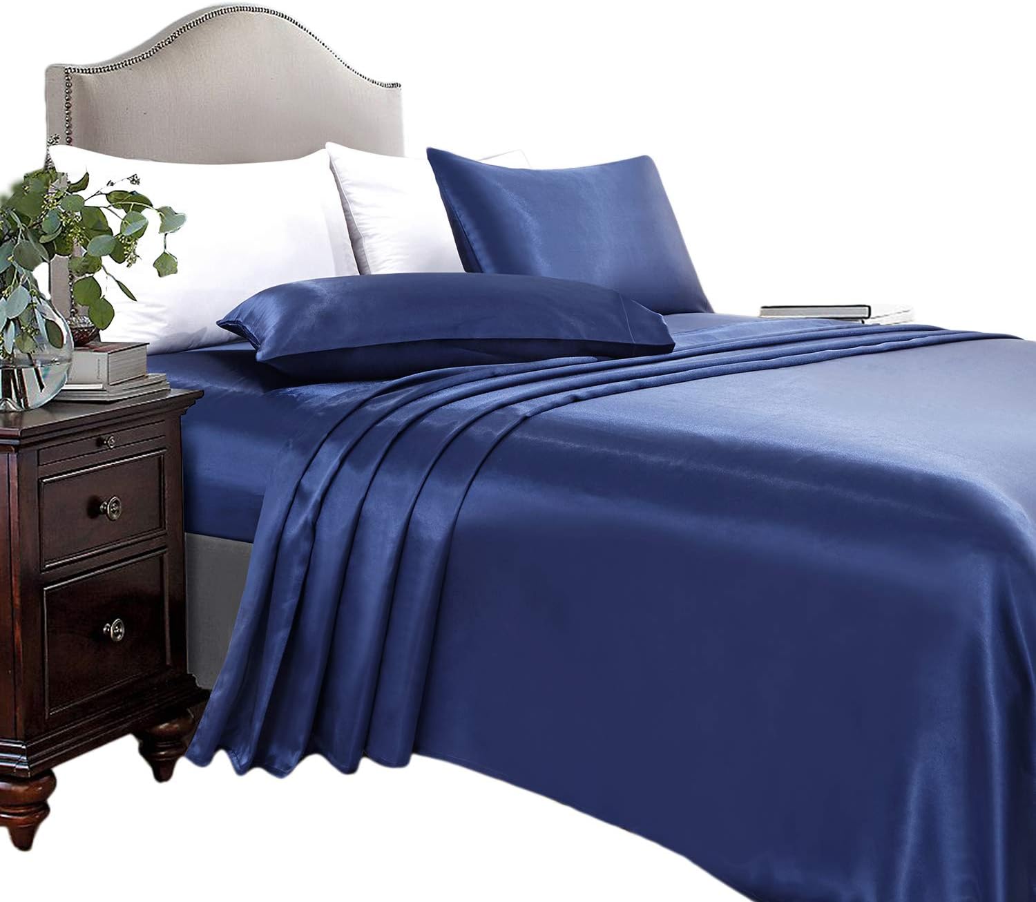 ARTALL Silky Super Soft 4 Piece Deep Pocket Satin Sheet Set, King Size Blue