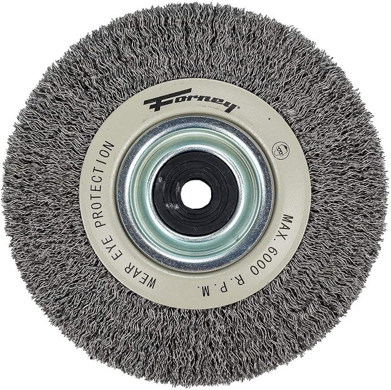 Forney 72895 Cepillo para ruedas de banco de alambre, industrial profesional prensado con eje múltiple de 1/2 a 2 pulgadas, 6 x 0,012 pulgadas