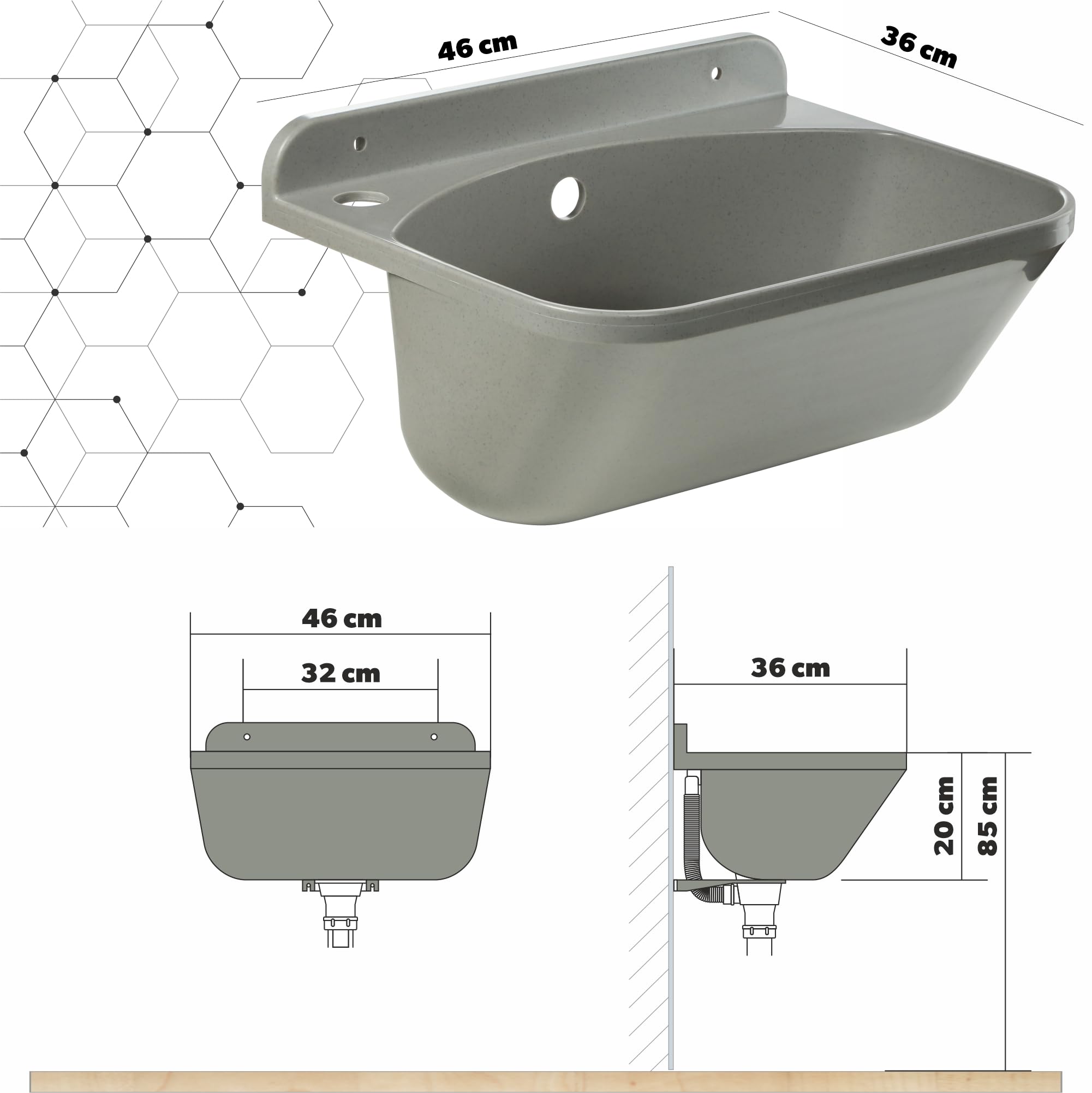 GOSPO Fregadero con grifo giratorio, sifón, lavabo 46 x 36 x 20 cm, lavadero para garaje, lavabo, sótano, montaje en pared, en placa, fregadero, incluye accesorios (gris)