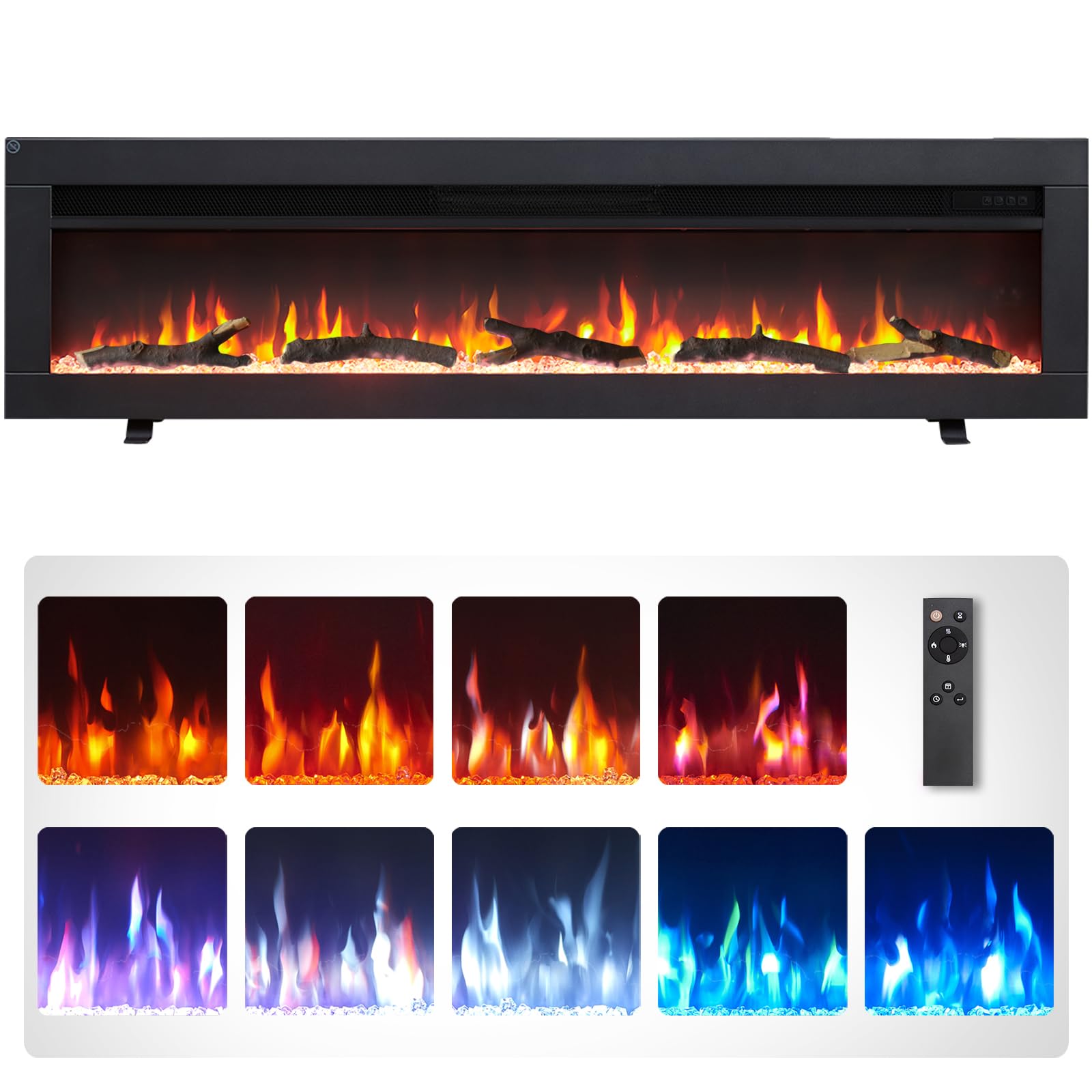 Dilton 50"/127cm 3 in 1 Electric Fireplace With Logs, Freestanding, Wall Mounted, Recessed, 9 Colour Flame Effect, Media Wall Compatible, 900W - 1800W Heater, Remote Control
