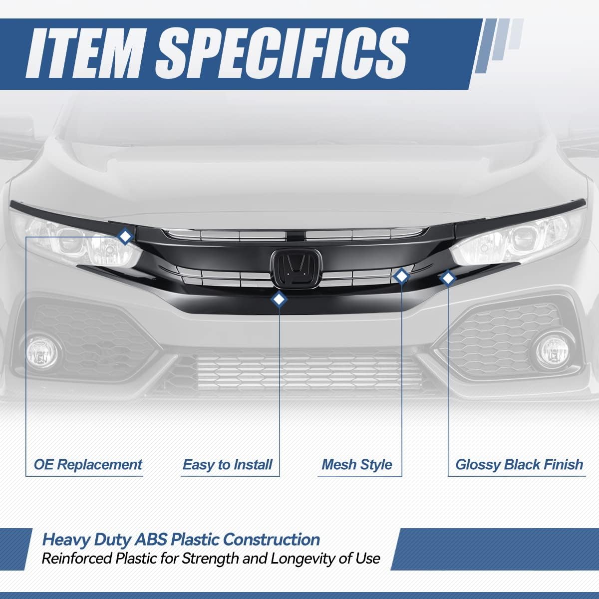 Auto Dynasty Mesh Style Front Bumper Grille Compatible with Honda Civic Coupe Sedan Si Hatchback Type R 2016-2021, Glossy Black