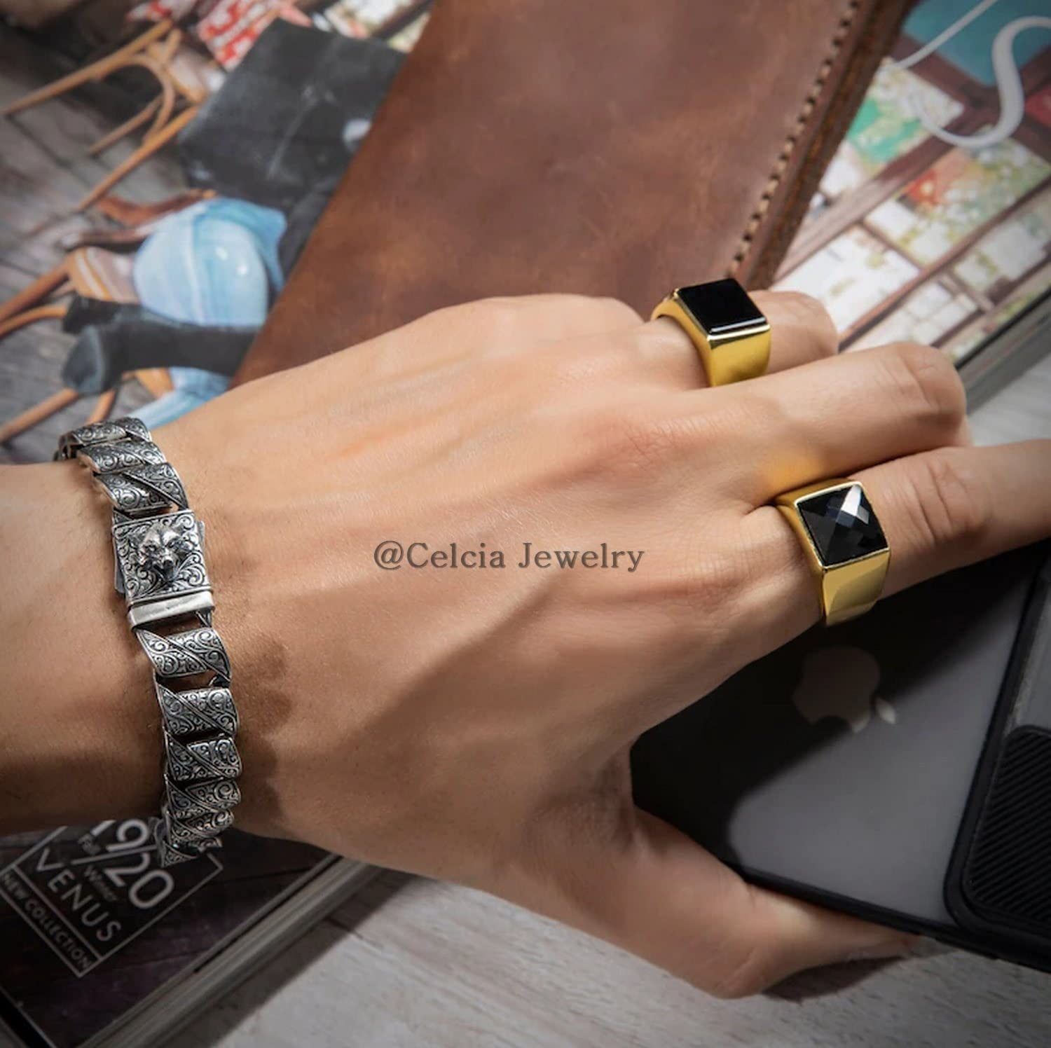 Black Onyx Natural 12MM Gemstone Ring, Real 925 Sterling Silver, Turkish Arabic Promise Ring, Mens Signet Ring, Unique Gifts for Him, Yellow Gold Vermeil Ring, (black-onyx (yellow)