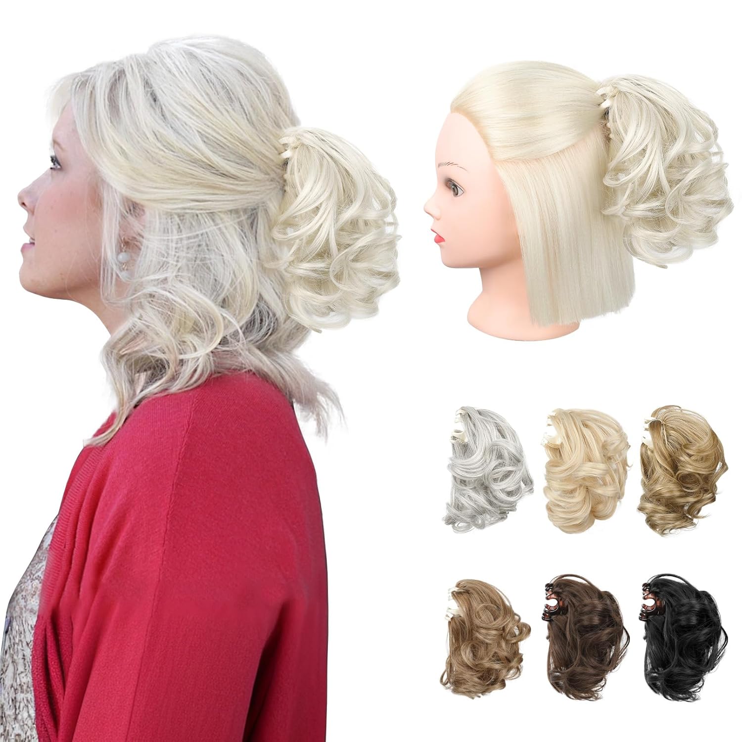 REECHO Ponytail Extension, 7" Half Up Short Mini Claw Clip in Ponytail Hair Extensions Curly Wavy Messy Hair Bun Hair Pieces for Women with Short Thin Hair - Platinum Blonde