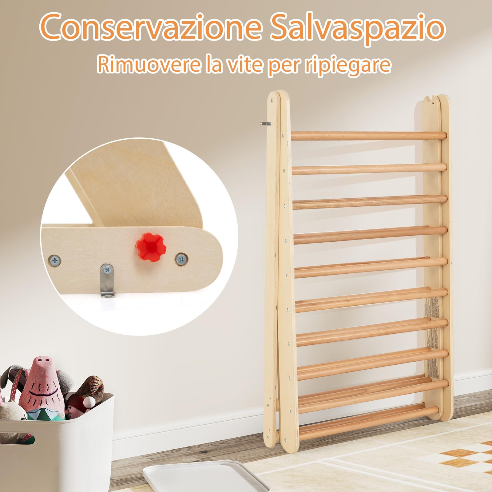 COSTWAY Triangolo a Gradini, Scala Giochi Arrampicata a Triangolo, con Scivolo, Palestra Coperta da Casa, Legno, Ideale per Bambini 3+ Anni (naturale)
