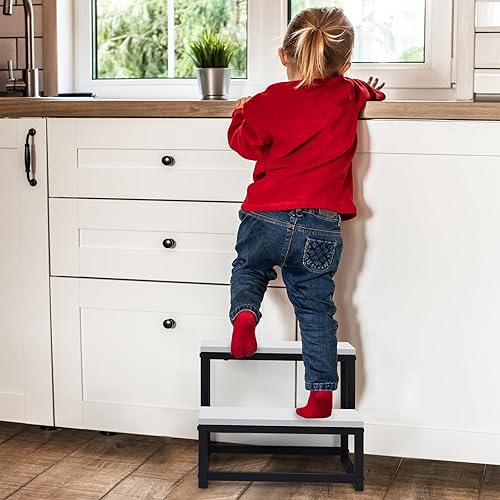 Miniatura 7 de LIANTRAL Taburetes para adultos y niños, taburete de 2 escalones para camas altas, acero resistente y madera resistente, soporta hasta 500 libras,