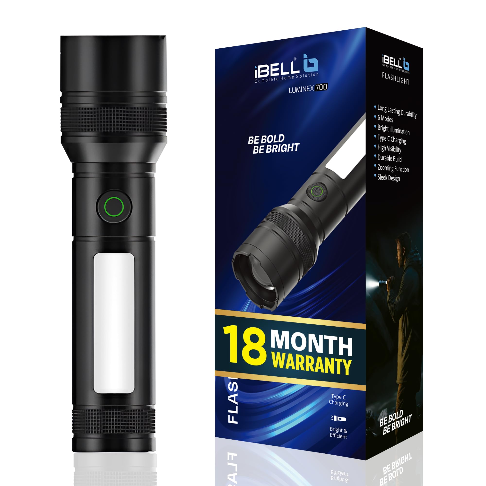IBELL LUMINEX 700 Rechargeable Torch Light High Power, 6 Light Modes, Telescopic Zoom, Type C Charging, LED Flashlight, Super Bright & Long Distance Range, for Home, Outdoor & Emergency Use (Grey)-image-38