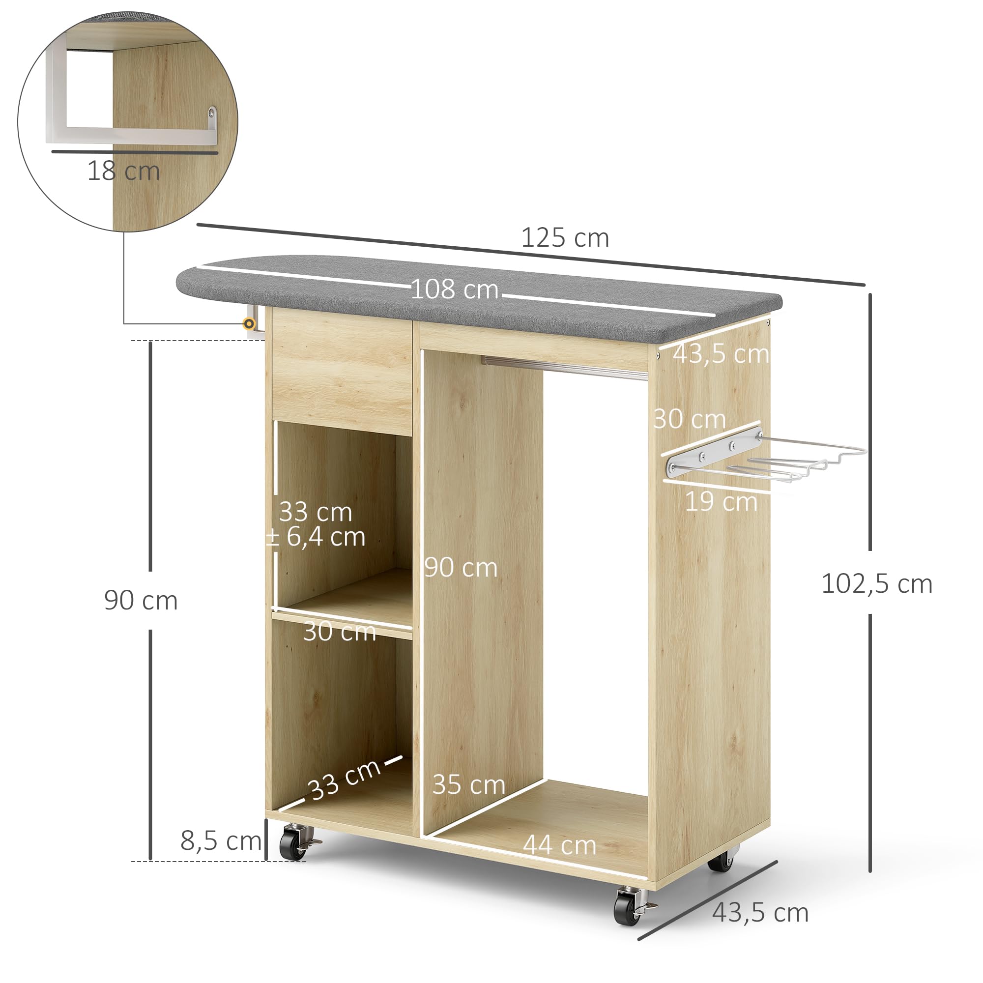 HOMCOM Bügelschrank aus Holz, Bügeltisch mit Rollen, Kleiderstange, offenes Regal, für Wohnzimmer, Schlafzimmer, 125 x 43,5 x 102,5 cm, Naturholz
