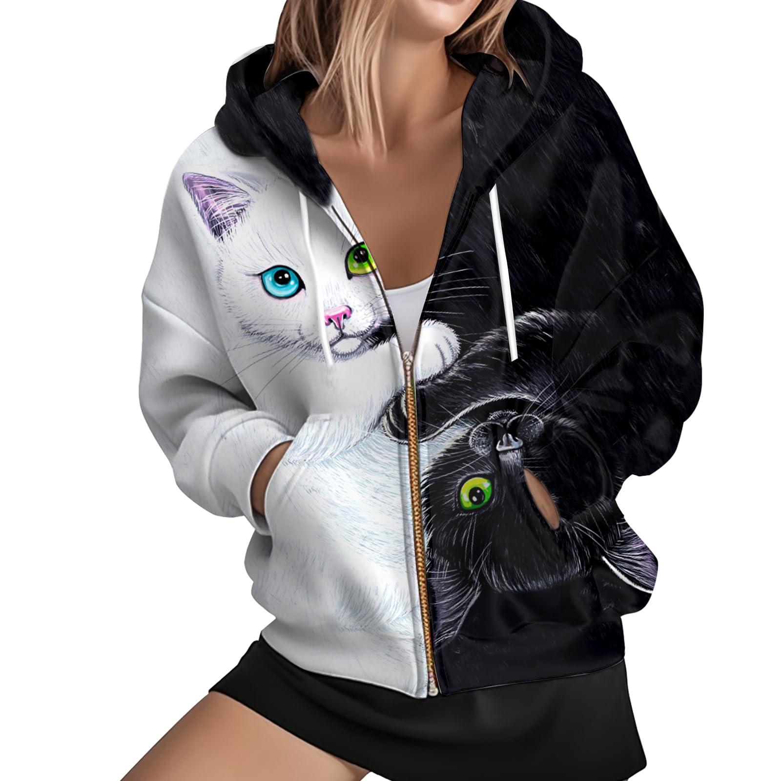 ADDARTS Womens Zip Front Plaid Sweatshirts Print Hoodie Fall Jackets Long Sleeve Casual Drawstring Clothes Large Black White Cats