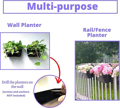 Miniatura 5 de LaLaGreen Maceta de Riel para Plantas de Exterior (11.2 Pulgadas, Paquete de 8) Macetas Colgantes de Hierro Metal Negro Barandillas de Terraza Cubos