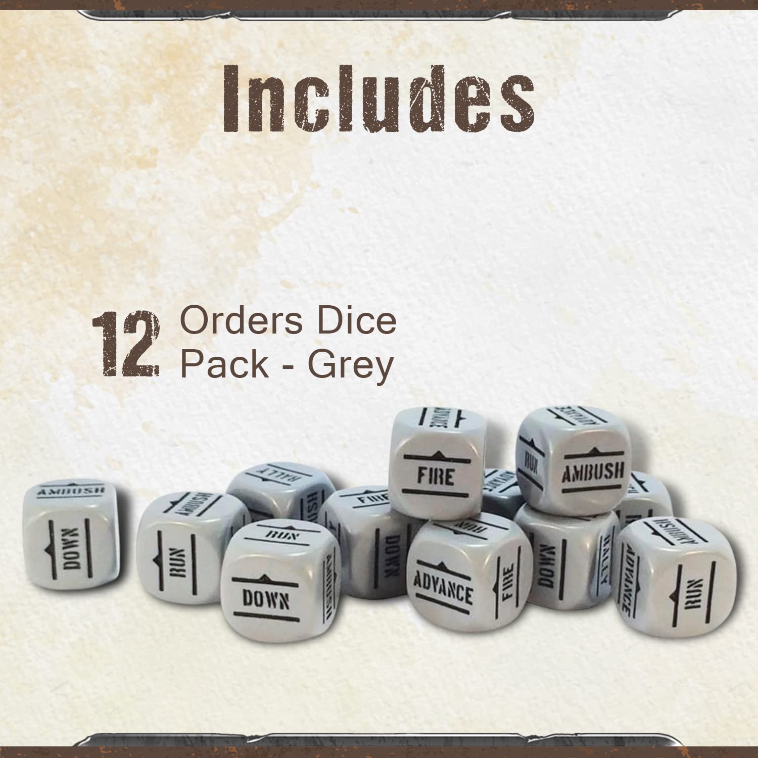 Wargames Delivered – Bolt Action Dice Orders D6 Pack of 12 Grey Dice with Black Inscriptions – Miniature Wargame by Warlord Games