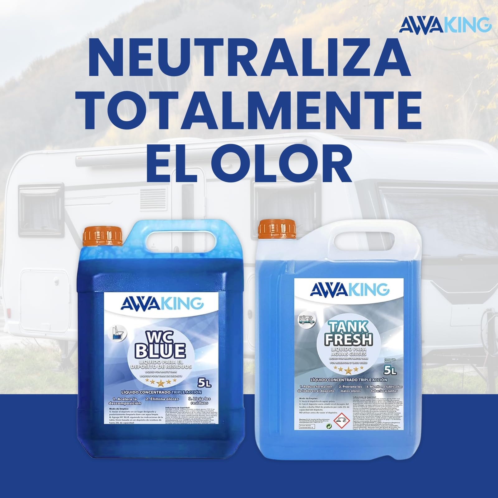 Liquido WC Quimico WC Blue 5L + Tank Fresh 5L,Aditivo para Aguas Negras y Aguas Grises, Caravanas,Depósito Residuos Autocaravanas,Sanitary Fluid,Concentrado,Líquido Potty,WC Quimico Autocaravanas