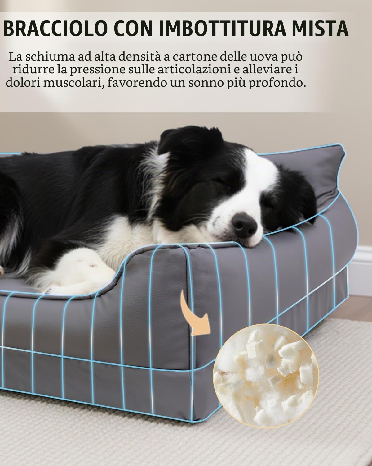 Cuccia Cane Interno Taglia Media,Ecopelle Divano Per Cani Impermeabile-91x68 cm,Cuccia Cane Schiuma a Uovo,Cuscino Rimovibile Lavabile,Lettino Per Cani Antiscivolo, Grigio