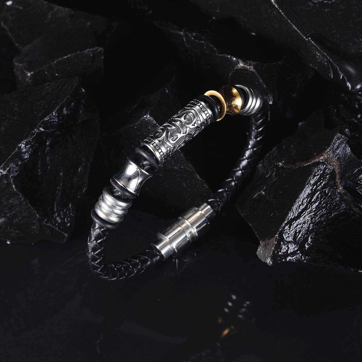 Pulsera de Cuero Trenzado Vintage de Moda para Hombre Punk Hip Hop Street Pulsera de Acero Inoxidable Regalo