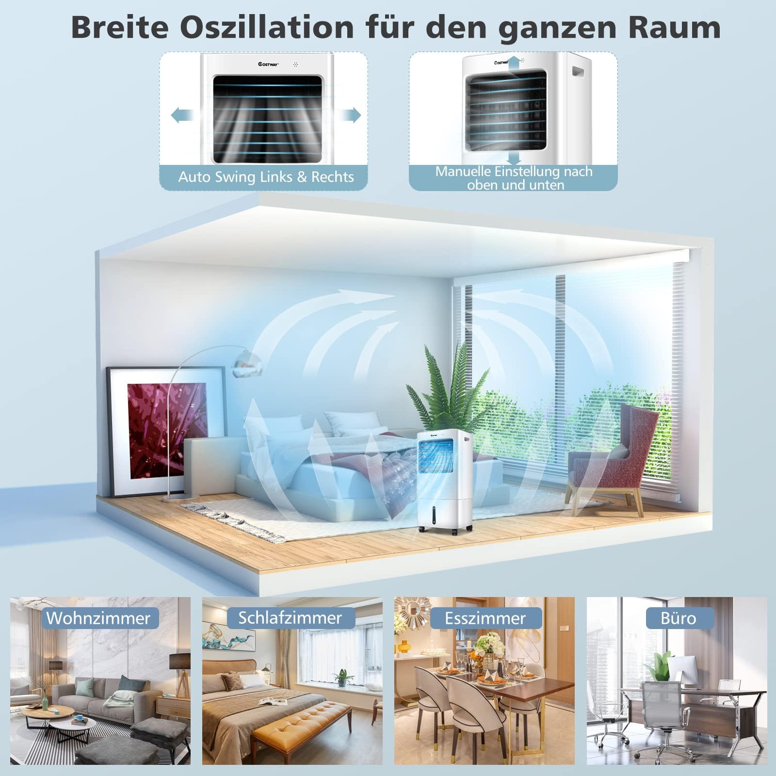 COSTWAY Mobile Klimaanlage ohne Abluftschlauch, 3 in 1 Luftkühler 65W | 3 in 1 Klimagerät Luftreiniger Luftbefeuchter / 8H Timer / 20L Tank/ Fernbedienung / 3 Stufen / Fernbedienung