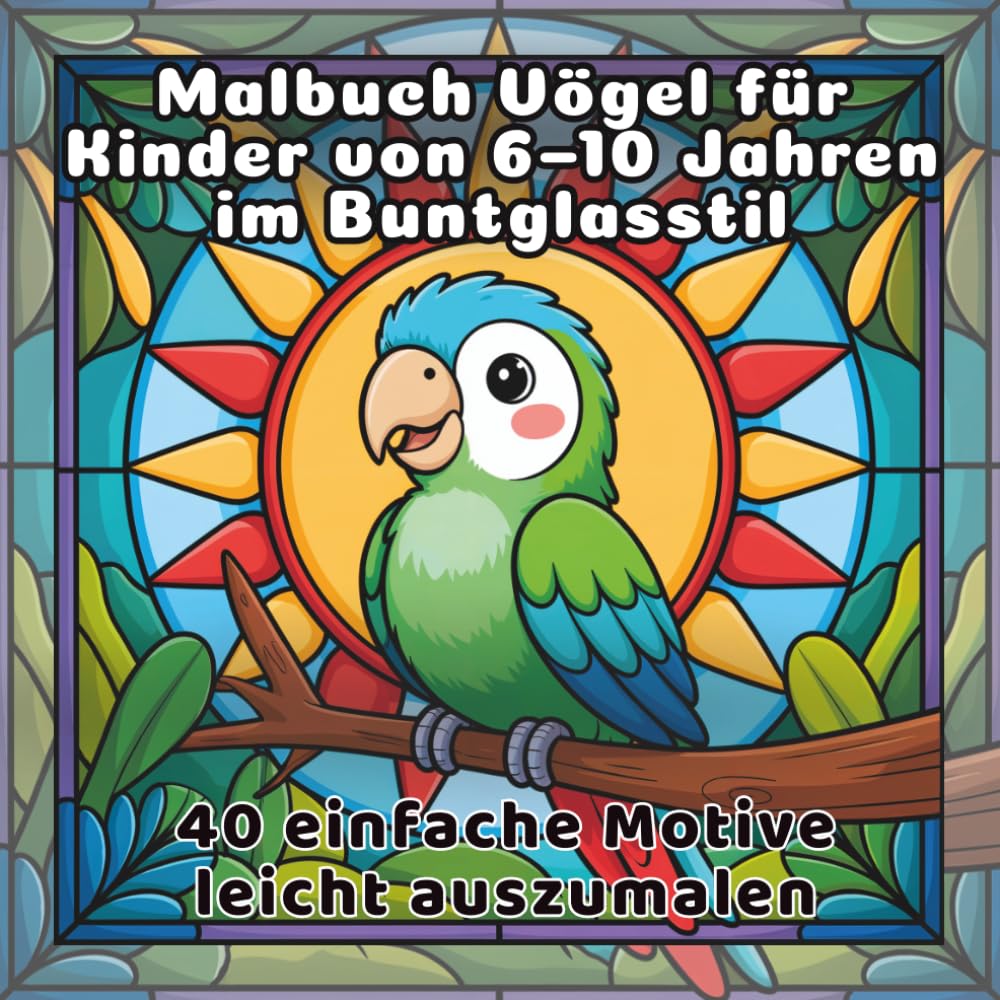 Malbuch Vögel für Kinder von 6–10 Jahren im Buntglasstil: 40 einfache Motive leicht auszumalen (DE Stained Glass Coloring Book for Kids)