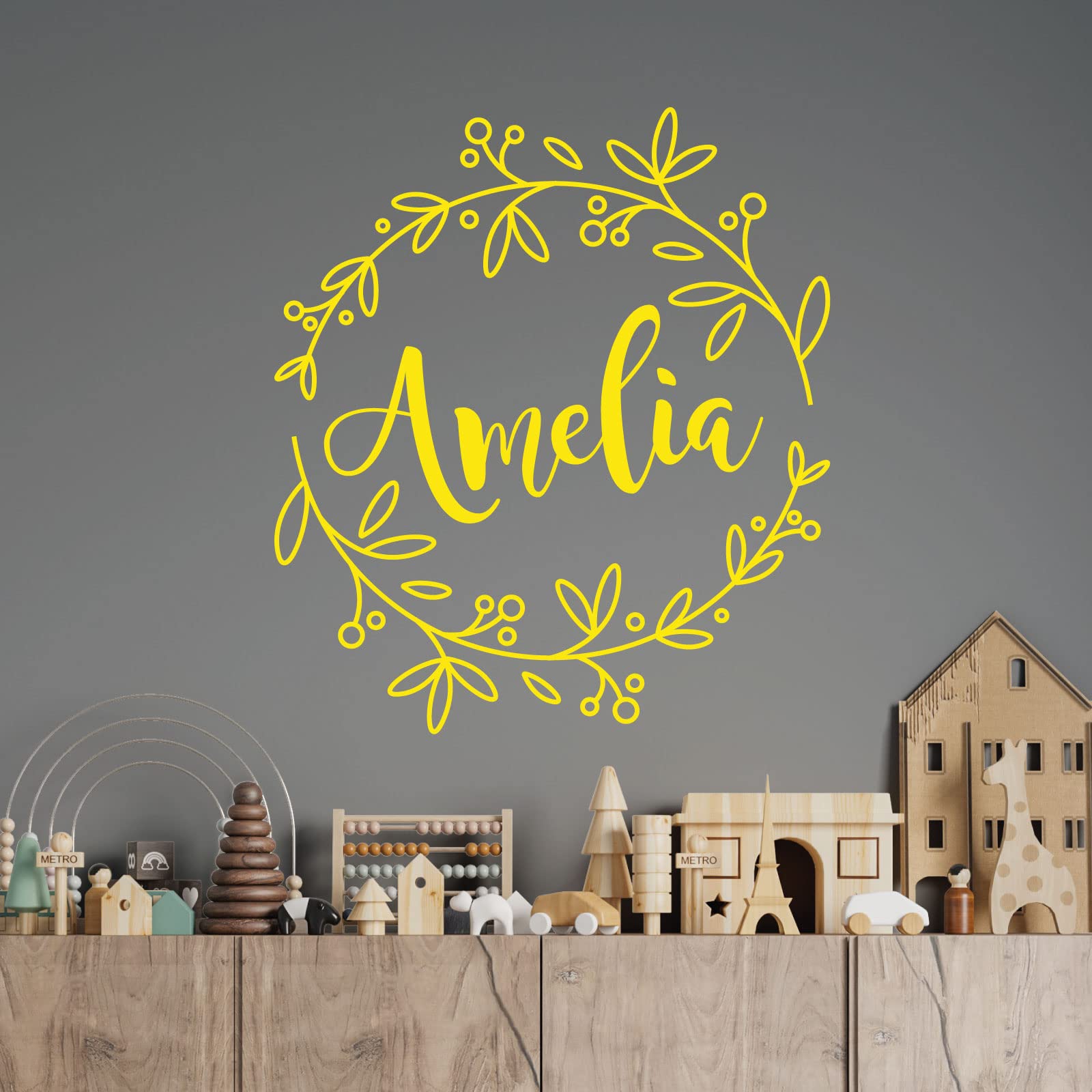 Personalised Name - Floral Wreath - Nursery Vinyl Wall Decal Sticker [Large] [Lemon]