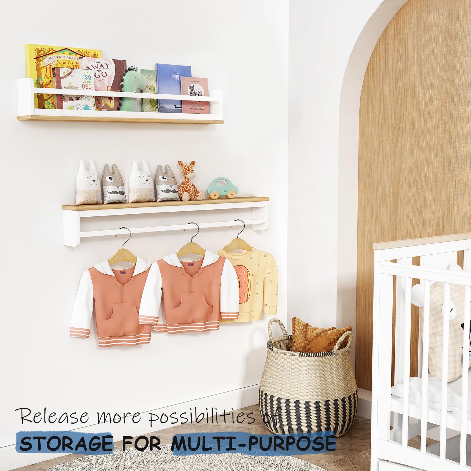 Estantes flotantes de 36 pulgadas de largo para pared de guardería, estantes grandes para libros de pared para habitación de los niños, estantería de Haning blanco y natural para niños 4