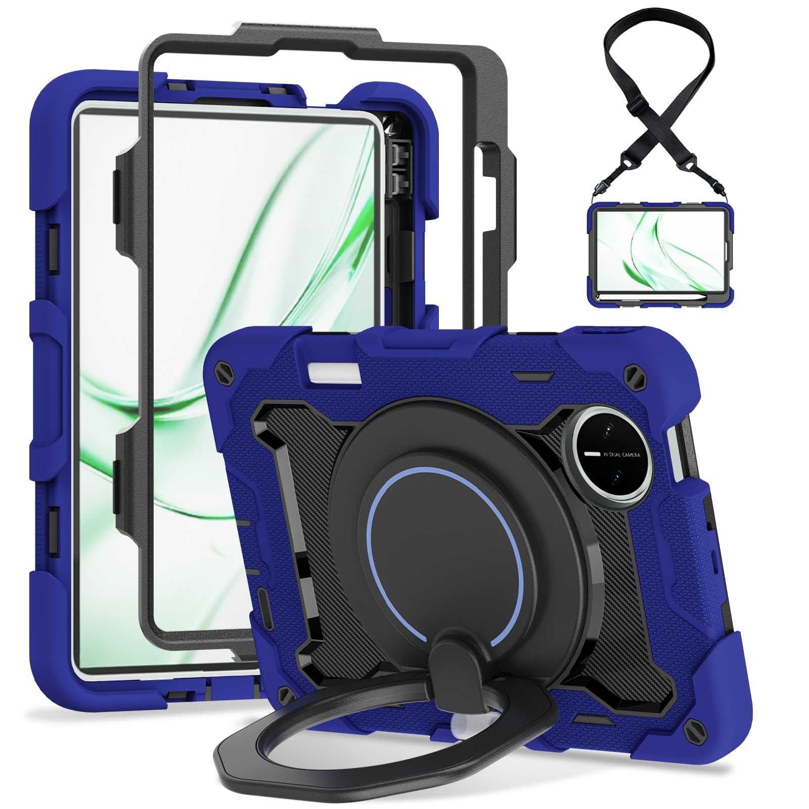 Kinderhülle for Huawei MatePad Mini 8, Zoll Tablet-Abdeckung, robuste, stoßfeste TPU-Hülle, Ständer, Schutzhülle mit Schultergurt(Dark Blue)