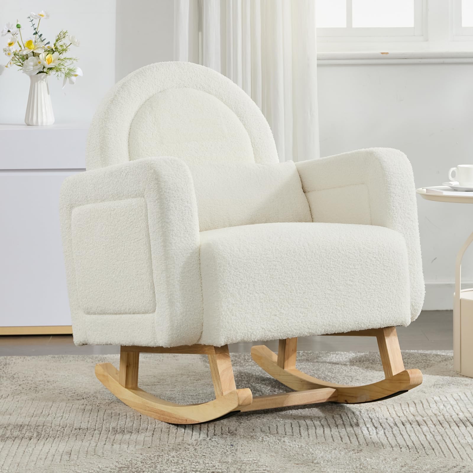 nursery rocking chair, teddy upholstered accent rocker with pillow, ergonomic high-back glider for bedroom living room nursing, rubberwood base, 330 lb capacity, cream white